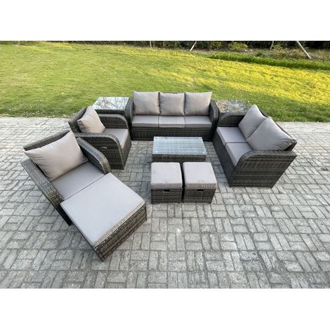 Fimous Ensembles de meubles de jardin 10 places Ensemble de canapés en rotin avec Table basse rectangulaire Chaise inclinable Canapé d'amour 2 Tables d'appoint 3 Tabourets (1/5)
