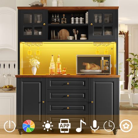 Mueble alto de cocina con iluminación LED RGB, estantes ajustables, soporte metálico para copas de vino, estructura de MDF, patas de madera de caucho, mueble de almacenamiento moderno para cocina y sa (1/5)