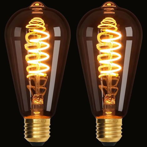 Lot de 2 ampoules LED vintage E27, ST64, 4 W, filament spiralé, lumière jaune chaud 2200 K, verre transparent, ampoule Edison à intensité variable (1/5)