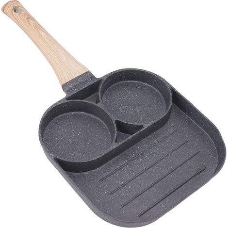 Poêle À Oeufs - 3 Compartiments - Revêtement Antiadhésif - Poêle À Petit-Déjeuner Pour Plaque À Induction Et Gaz - Poignée En Bois - 1 Pièce (1/5)