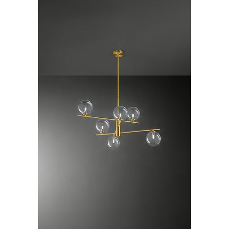 Plafonnier Orientable en Métal et Aluminium Laiton Bruni 6 Lumières G9, Design Moderne avec Diffuseurs en Verre Borosilicaté Transparent - Perenz