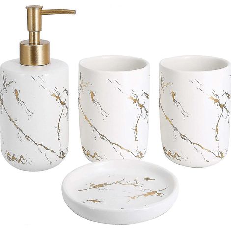 Ensemble de 4 accessoires de salle de bain en céramique comprenant un distributeur de savon, une tasse et un porte-savon (blanc) (1/5)