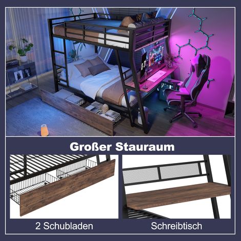Lit mezzanine, 140 x 200 cm, structure en fer, bande LED, tiroirs, rambarde, escalier, bureau, sans matelas, noir (1/5)