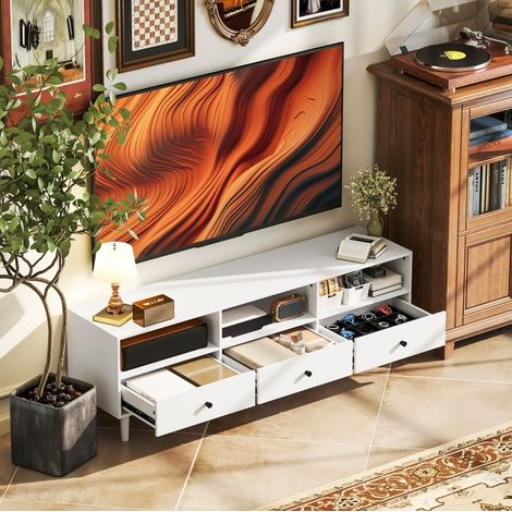 TV-Lowboard Holz Weiß 140,0 x 34,0 x 45,0 cm mit 3 Schubladen, 3 offenen Fächern und Kabelmanagement (1/4)