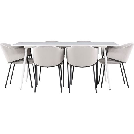 Silar Essgruppe Tisch 90x180cm und 6 Velours Stühle mit Armlehnen weiß.