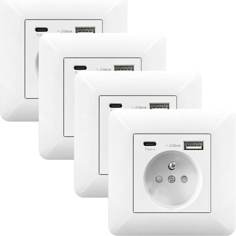 Lot de 4 Prise Murale USB + Type C 16A – Prise Électrique Encastrable 5V/2.1A pour Maison et Bureau