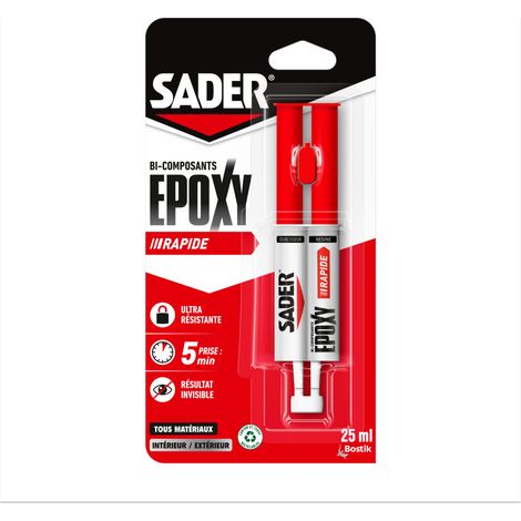 Sader - Colle Epoxy bi-composant Rapide - Colle forte et résistante - Collage accéléré - Tous Supports - Transparent - Seringue 25 ml