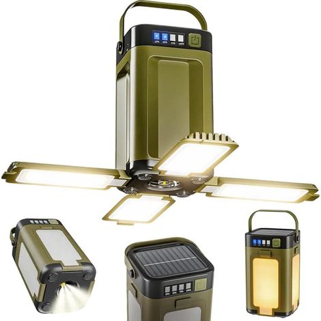 Lampe de camping solaire rechargeable, portable, 10 000 mAh, autonomie de 100 heures, pour tente, 4 000 lm, pour le camping et les activités de plein air. (1/5)