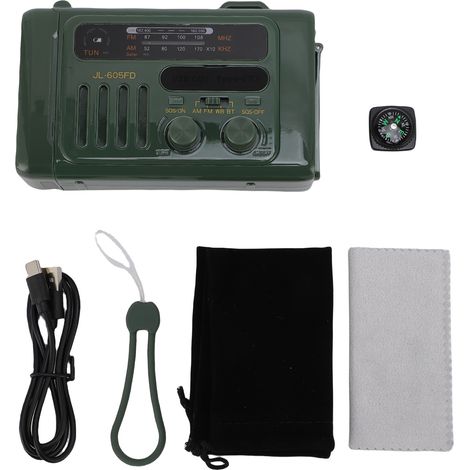 Ortviai Radio d'urgence solaire et manivelle AM/FM avec lampe de lecture, lampe torche LED, haut-parleur Bluetooth et chargeur USB Type-C, vert OD (1/5)