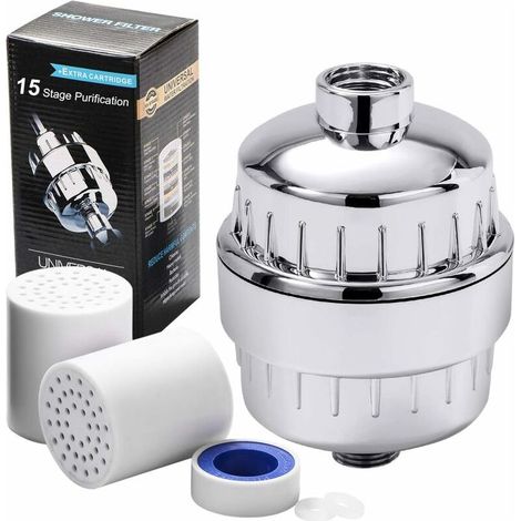 15-stufiges Duschfilter-Set mit 2 Filterkartuschen, 2 Silikonbändern und Dichtungen, Wasserhahnfilter für Dusche, Waschbecken und Küchenarmatur (1/5)