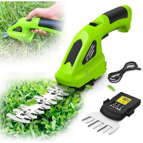 Cisaille de jardin, Ultrixe, Batterie Rechargeable USB de 3000mAh, Autonomie : 40 min, Avec longueur de lame : 145mm (arbustes) / 52mm (herbe), Câble de Charge, Vert/Noir (1/5)
