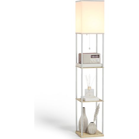 Modern Metal Floor Lamp with Shelves, 3 Layer Shelf Tall Standing Lamp with Fabric Lampshade, Pull Chain Switch for Living Room, Bedroom, Bulb not Included, White (1/5)