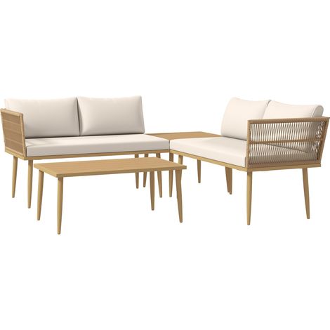Set 4 Pezzi da Esterno 2 Divani con Cuscini e 2 Tavolini in Rattan PE Colore Legno (1/5)