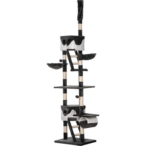 Arbre à chat suspendu avec griffoir à hauteur réglable (240-260 cm), à plusieurs niveaux, avec couchages, hamacs et échelles, cordes en sisal, gris foncé et blanc.