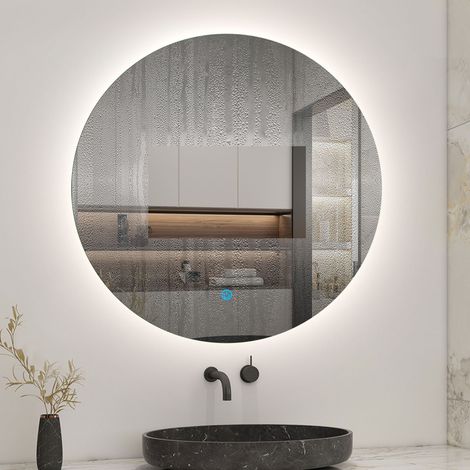 900MM Round Demister Bathroom Mirror with Dimmable LED Lights, Touch control and wall switches, Vertical Wall Mounted, IP44, Blackout memory