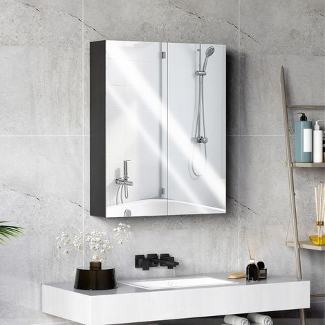 Mueble de baño con dos puertas, espejo y dos estantes interiores, mueble de baño con espejo y cierre suave en MDF, 60x15x75 cm, negro.