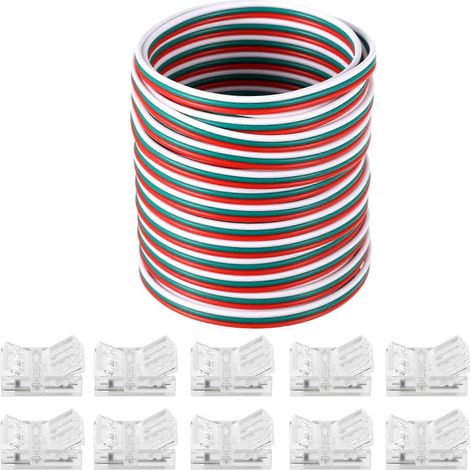Lot de 10 connecteurs pour ruban LED sans soudure, 10 mm, 3 broches, transparents, avec câble pour une installation facile.
