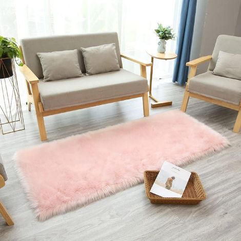 Alfombra de imitación de piel de oveja, alfombra de vellón sintético suave y mullida de pelo largo, cojín decorativo para silla o sofá (rosa suave, 60x90cm) (1/5)