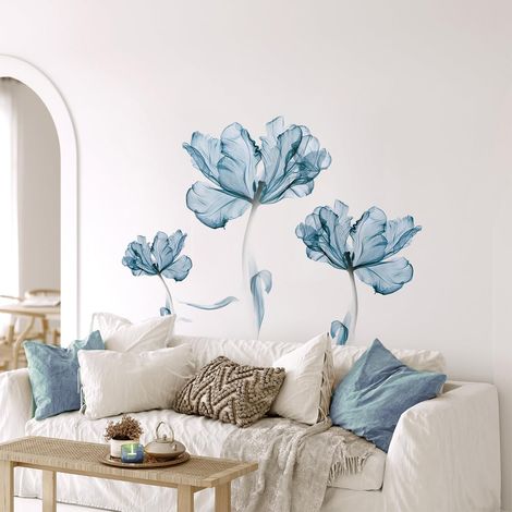Stickers Muraux Fleuri Bleu Clair Autocollants Muraux Fleur Bleu Grand Sticker Mural Fleur de Lotus pour Femmes Salons Chambres Bureaux Canapé Fond Décoration Murale De La Maison (1/5)