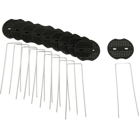 Befestigungsklammern und -elemente für die Landschaftsgestaltung zur Sicherung von Unkrautvlies, Packung mit 10 robusten Klammern und 10 rostbeständigen Kunststoffplatten, Packung mit 20 Stück. (1/5)