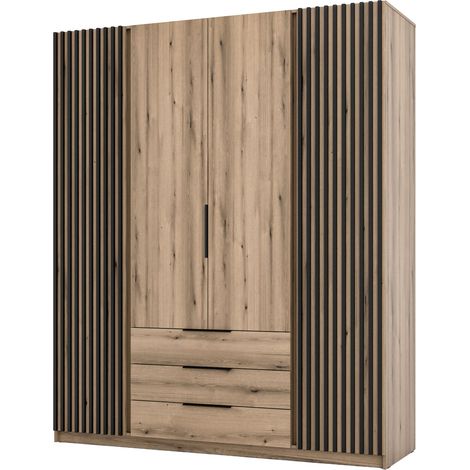 Selsey Kaja - Kleiderschrank 4-türig mit Lamellen & 3 Schubladen, 200 cm, Eiche Evoke (1/4)
