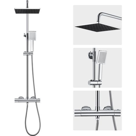 Auralum Max Colonne Douche Thermostatique avec Robinet Anti-brûlure,Pomme Douche 25x25cm,Douchette,Barre Douche Inox,Flexible Douche inoxydable,Chromé (1/5)