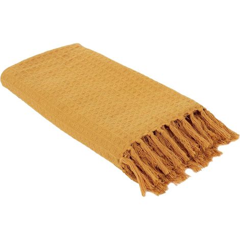 Plaid Jeté de Canapé Gaufré 130x160cm 100% Coton Ocre avec Franges (1/5)