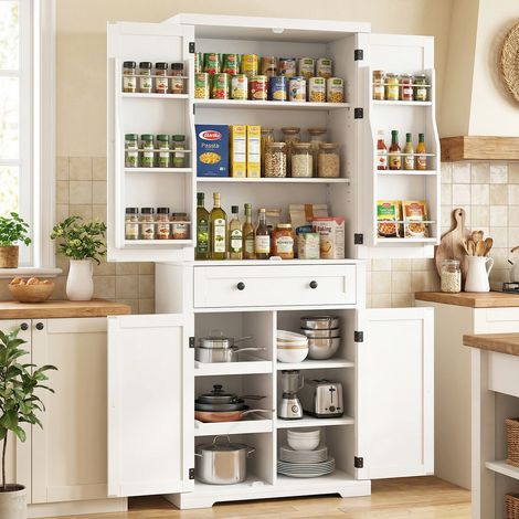 COSTWAY 184cm White Freestanding Pantry Cabinet with 4 Shelves 2 Sliding Trays White (1/5)