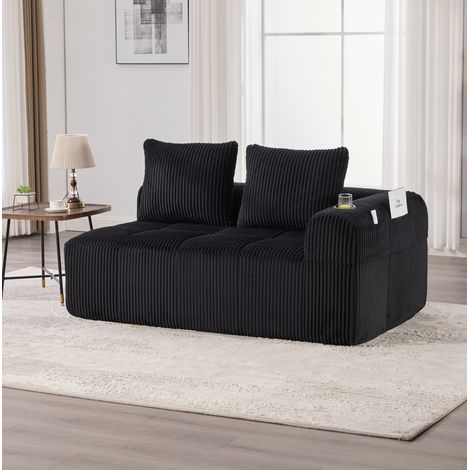 Canapé 2 places 158x93x61 cm noir en corduroy avec poches latérales et porte-gobelets (1/5)