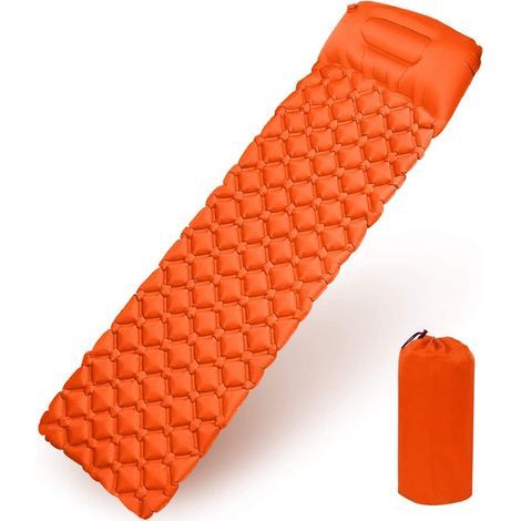 Matelas Camping, Tapis de Couchage avec Oreiller de Gonflable Matelas Randonnée Pliable et Imperméable pour Camping, Voyage, Randonnée 190 x 56 x 6cm (Orange)- (1/5)