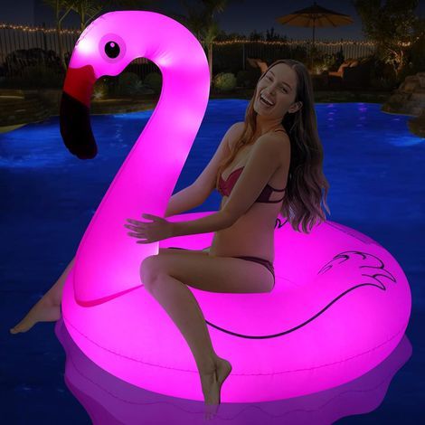 Bouée Flamant Gonflable avec Lumières Solaires, Flamant Rose Gonflable, Grand Flamant Bouée Piscine Adulte, Bouée Piscine Flamant, Anneau Flotteur Gonflable pour Piscine (100x90cm) (1/5)