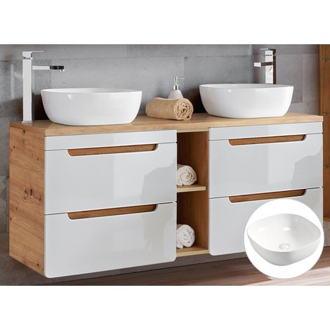 Doppel-Waschtischunterschrank 140 cm mit Keramik-Aufsatzbecken LUTON-56 Hochglanz weiß mit Wotan Eiche Nb. B/H/T ca. 141/76,5/46 cm (1/5)