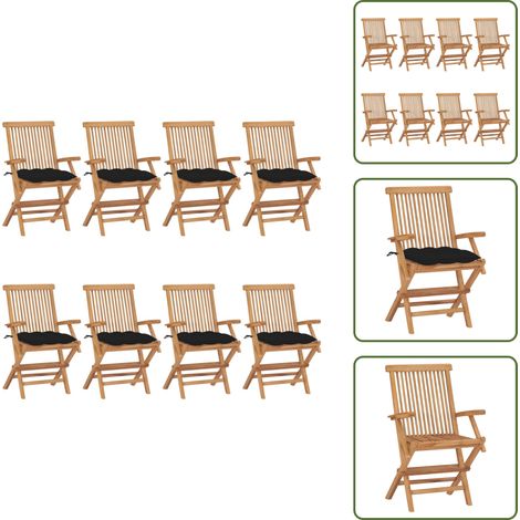 The Living Store Chaises de jardin avec coussins noir lot de 8 Bois teck massif - Chaise De Jardin - Mobilier De Jardin - Chaise En Bois - Set De Chaises - Terrasse (1/5)