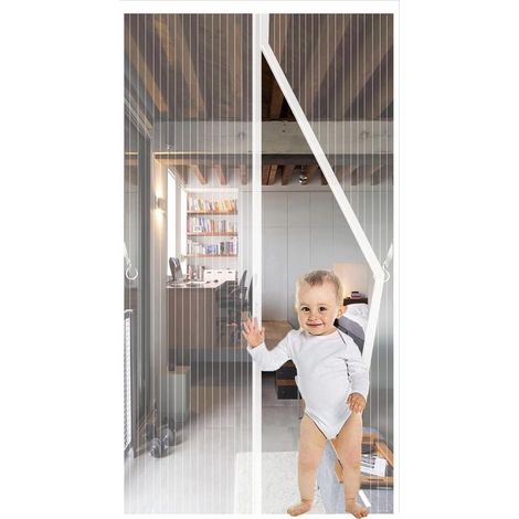 Magnétique Moustiquaire Porte,90x210cm, Rideau de Porte Anti Mouche Fermeture Automatique Anti Insectes Respirant Moustiquaire pour Portes de balcon, Salon, Montage par Sans Perçage,Blanc (1/5)