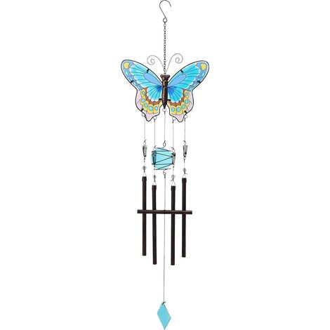 Carillon papillon d'extérieur, carillon en vitrail pour terrasse, jardin, cour, bord de mer, fenêtre, décoration intérieure ou cadeau pour femme (bleu et rouge) (1/5)