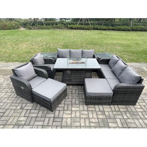 Fimous Rattan Gartenmöbel Set im Balkon Gas Feuerstelle Tisch Liegestühle 3-Sitzer Sofa Sets mit Beistelltisch 10-Sitzer (1/5)