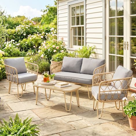 Conjunto de Jardín de Ratán Sintético con Sofá Doble 2 Sillones y Mesa de Centro con Encimera de Cristal y Cojines (1/5)