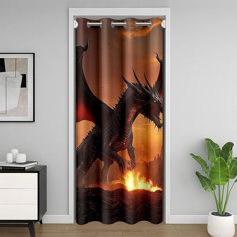 Rideau Occultant Dragon Rideau de Porte 200x200 Flamme Rideaux Porte pour Garçons Hommes Montagne Occidentale Horreur Safari Faune Jaune Orange Rideaux de Placard - 106L X 203H cm (1 Panneaux) (1/5)