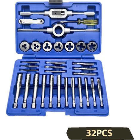 Jeu de tarauds et filières, acier CR-V durable, kit de 32 pièces, Bleu (1/2)