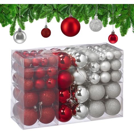 Relaxdays Christmas Baubles, Set of 100, Tree Ornaments, ∅ 3, 4 & 6 cm, Decorations, Glittery, Matte & Shiny, Silver/Red (1/5)