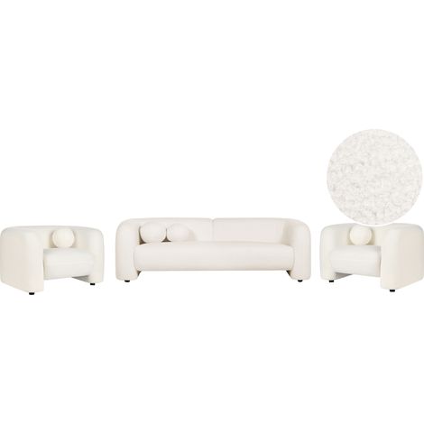 Conjunto de sala de estar 5 plazas sofá y 2 sillones moderno con cojines extra de bouclé blanco Leiren