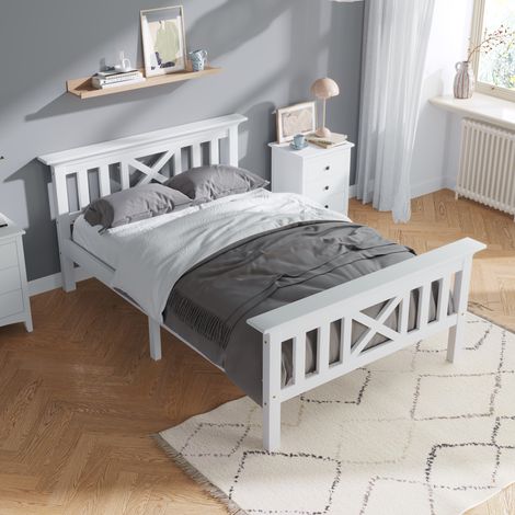Lit en bois Lit simple en cadre de lit avec sommier à lattes Lit en bois avec tête de lit - 90 x 200 cm en bois massif Lit d'enfant Lit d'adolescent Pin massif blanc