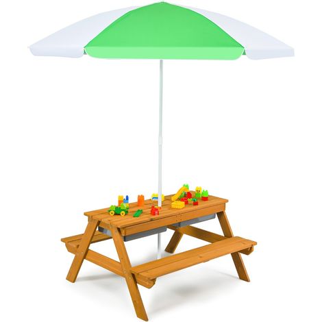 Tavolo picnic per bambini con ombrellone rimovibile e regolabile panche in legno, Tavolino da interno esterno Verde (1/4)