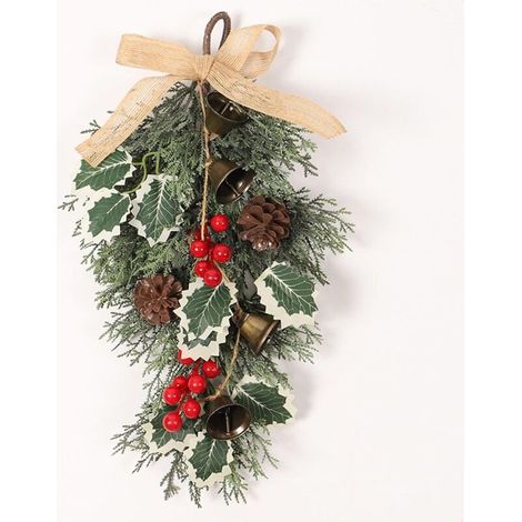 Couronne de Noël pour porte d'entrée, couronne de porte de Noël - Ornements de cloche de Noël Couronnes de larmes d’hiver,Décor de nœud papillon en grappes de baies rouges, 40cm/15.7 pouces, fournitur (1/5)