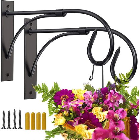 A set of two hanging basket brackets, black fence hooks, and metal hanging brackets for hanging plants and garden lanterns. (1/4)