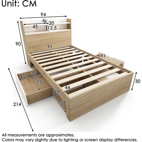Lit simple en bois 90x190 blanc/chêne, lit bicolore avec étagère de tête de lit, 2 tiroirs et compartiments ouverts, partiellement en bois massif, lit de rangement gain de place sans matelas (1/4)