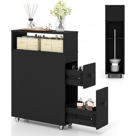 COSTWAY Mobile Bagno 50 x 19 x 72 cm, Arredo Salvaspazio con 2 Cassetti, 2 Cesti in Rattan, Ruote e Ripiani, Armadietto Stretto per Spazi Ridotti, Salotto e Cucina (Nero) (1/5)