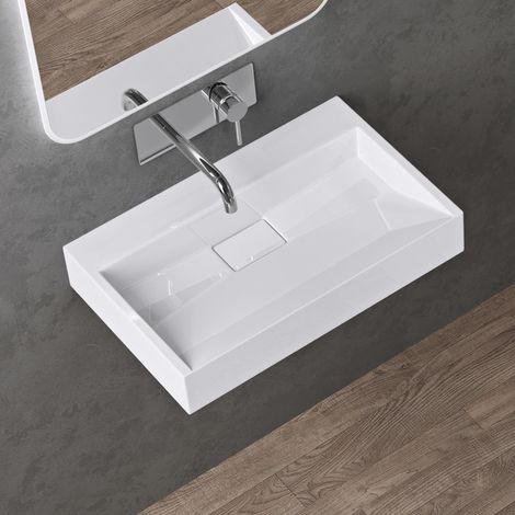 doporro Lavabo da Appoggio Bagno Sospeso Lavandino Rettangolare in Marmoresina con Piletta di Scarico Inclusa Colossum19, 50x38x11 cm Bianco Lucido Senza Foro per Rubinetto