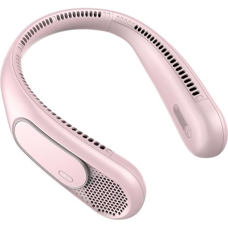 Ventilatore da collo ricaricabile tramite USB a 3 velocità, 66 uscite d'aria, design in silicone senza pale, silenzioso, ideale per viaggi, ufficio e attività all'aperto, colore rosa. (1/5)