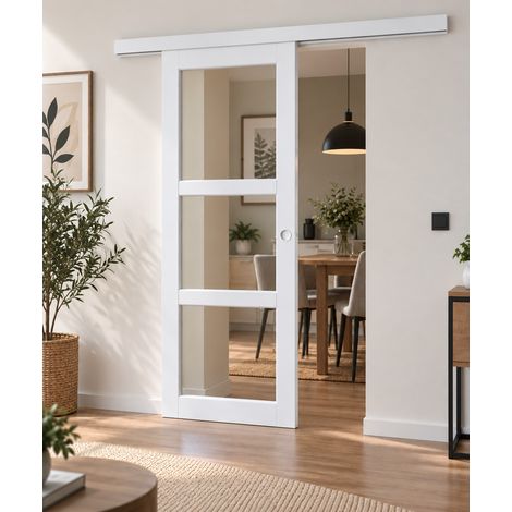 Puerta corredera Kenya blanca con acristalamiento transparente H204 x L83 cm, riel de aluminio con banda blanca, conchas blancas para GD MENUISERIES (1/5)